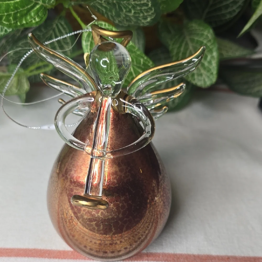 Silverstri Gilded Glass Angel Ornament Playing A Horn, Vintage